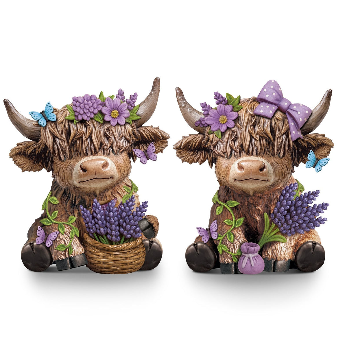 Scottish Highland Cow Figurines with Lavender - Resin Calf Statue Set of 2 for Home Garden Office Decor