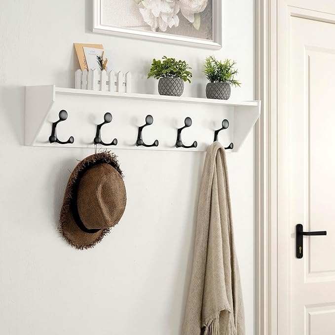 SKOLOO Wall Shelf with Hooks, 35-Inch White Coat Rack Wall Mount with Shelf Organizer - Lightweight & Sturdy, 5 Tri Hooks - Perfect for Entryway, Hallway, Living Room, Bedroom, Mudroom