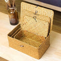 Rattan Storage Baskets Set of 3 with Lattice Lids and Label Holders in Graduated Sizes for Home Organization